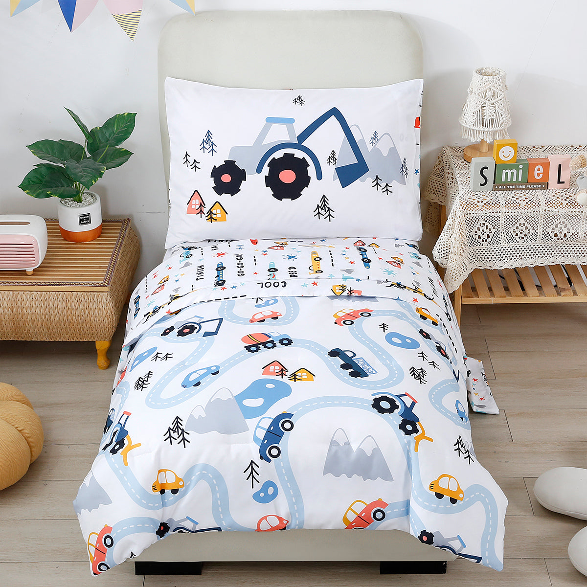 ABJHMKJ 4-Piece Toddler Bedding Set Reversible Cars Toddler Comforter with Sheets, Including Comforter, Fitted Sheet, Flat Sheet and Pillowcase