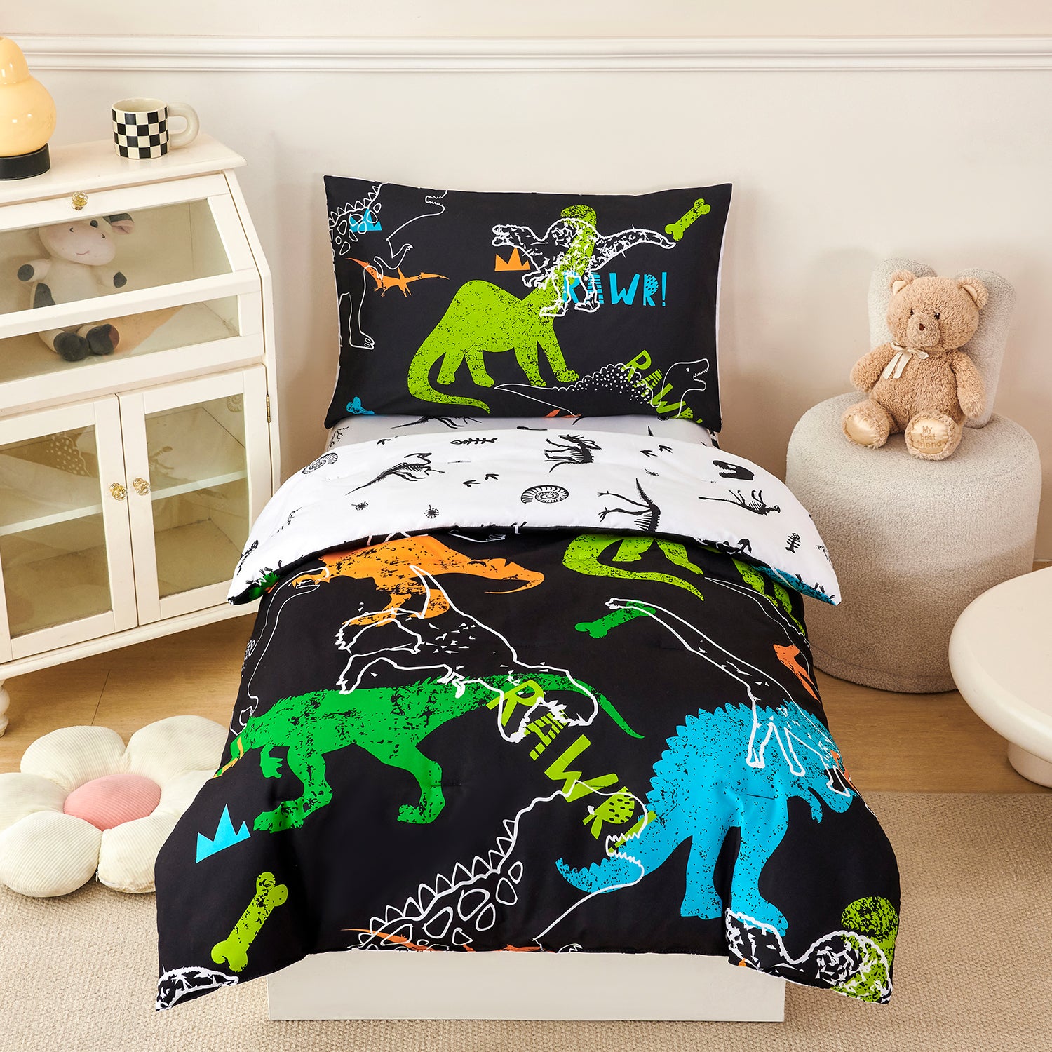 4-Piece Toddler Bedding Set Reversible Dinosaur Toddler Comforter with Sheets, Including Comforter, Fitted Sheet, Flat Sheet and Pillowcase
