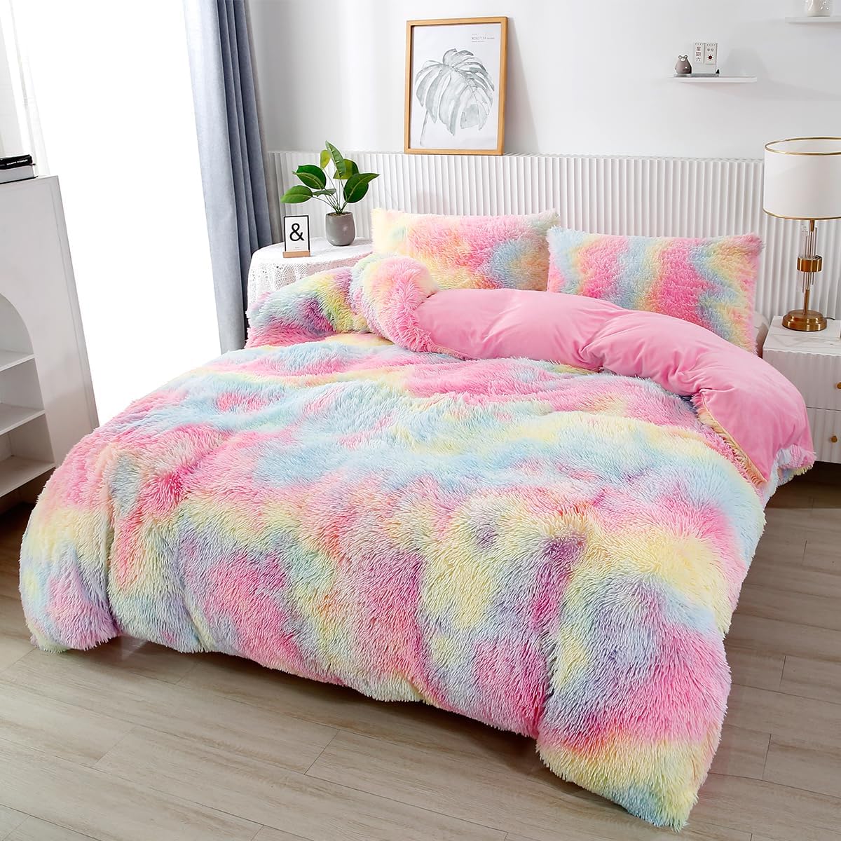 ABJHMKJ Pink Faux Fur Fluffy Comforter Twin 3-Piece Colorful Rainbow Plush Shaggy Bedding Sets for Girls Tie Dye Fuzzy Furry Comforter Set