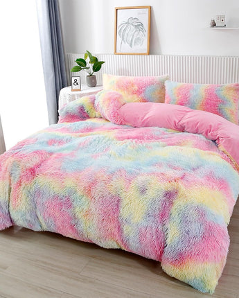 ABJHMKJ Pink Faux Fur Fluffy Comforter Twin 3-Piece Colorful Rainbow Plush Shaggy Bedding Sets for Girls Tie Dye Fuzzy Furry Comforter Set