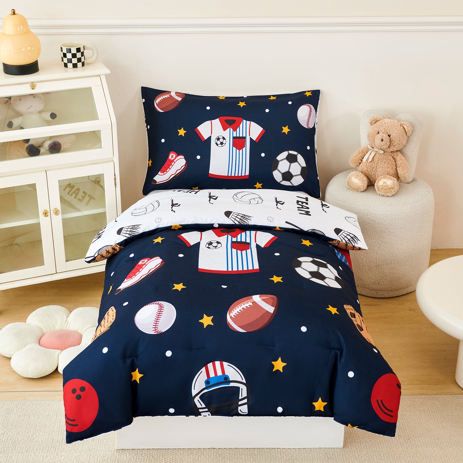 4-Piece Toddler Bedding Set Reversible Sports Toddler Bed in A Bag, Including Comforter, Fitted Sheet, Flat Sheet and Pillowcase