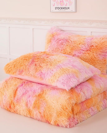 ABJHMKJ Orange Faux Fur Plush Comforter Set Full Size 3 Pieces Colorful Fluffy Tie Dye Girls Bedding Set Ultra Soft Warm Velvet Furry Fuzzy Bed Comforter