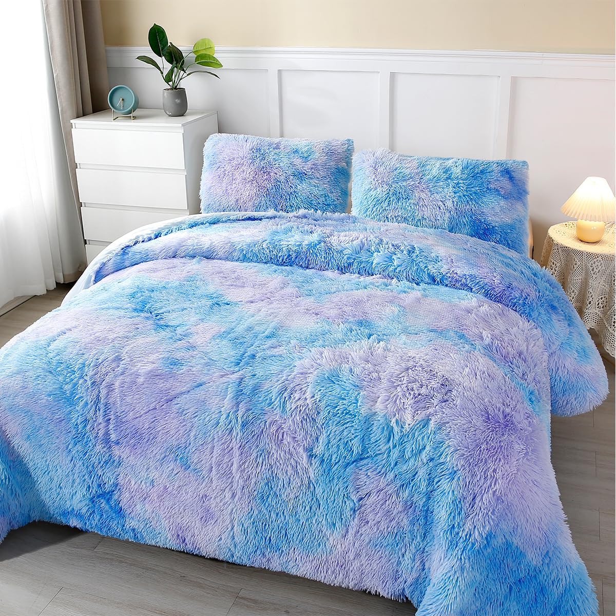ABJHMKJ Faux Fur Plush Bedding 3 Piece Soft Fluffy Shaggy Girls Comforter Set Colorful Tie Dye Velvet Fuzzy Furry Rainbow Bed Sets