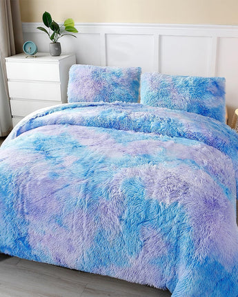 ABJHMKJ Faux Fur Plush Bedding 3 Piece Soft Fluffy Shaggy Girls Comforter Set Colorful Tie Dye Velvet Fuzzy Furry Rainbow Bed Sets