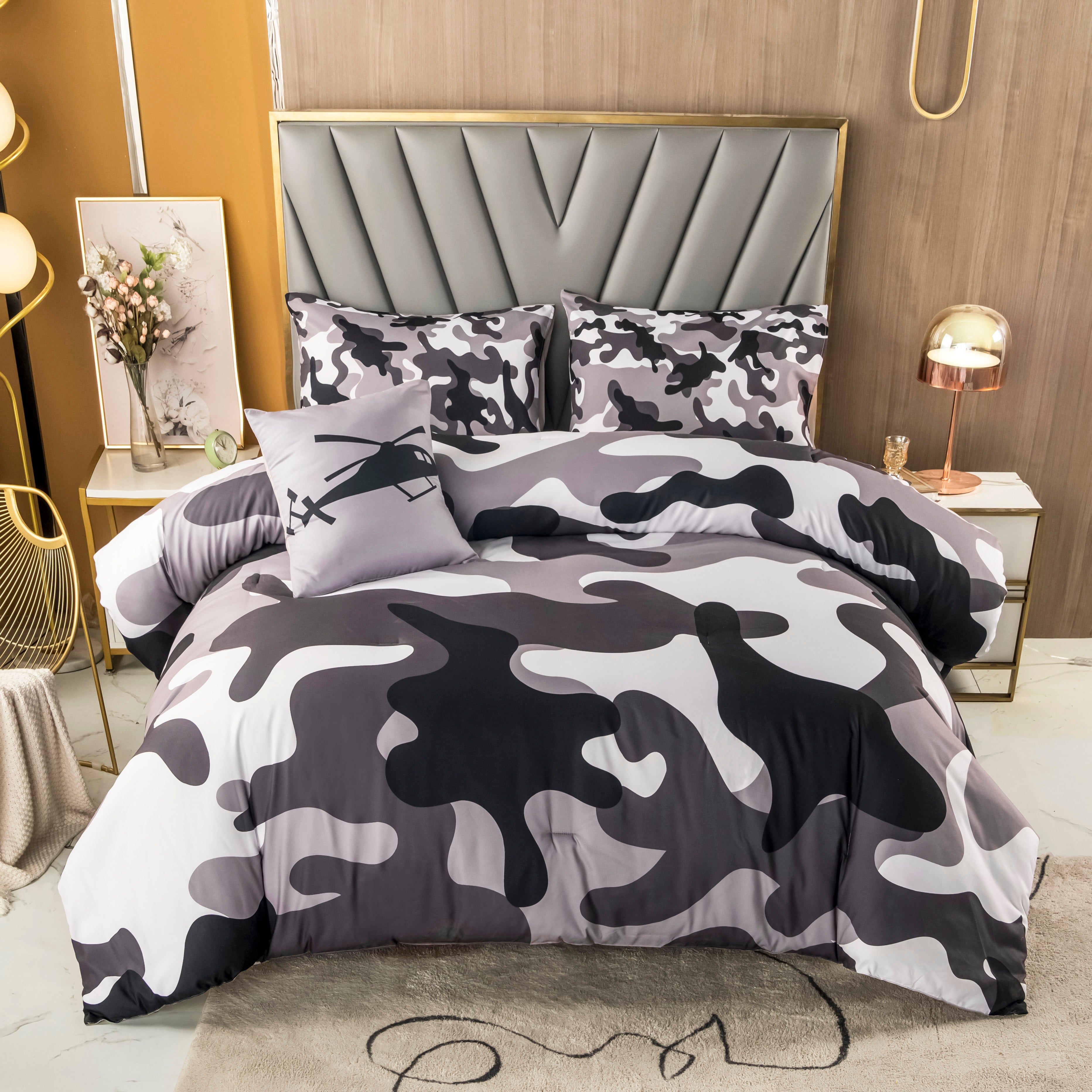 ABJHMKJ 6 Pcs Comforter Set Twin Size Grey Camo Comforter Bed Sets with Sheets for Boys Girls Teens Farmhouse Camouflage Amy Style Bedding Bed in a Bag for All Season(Twin, Grey)