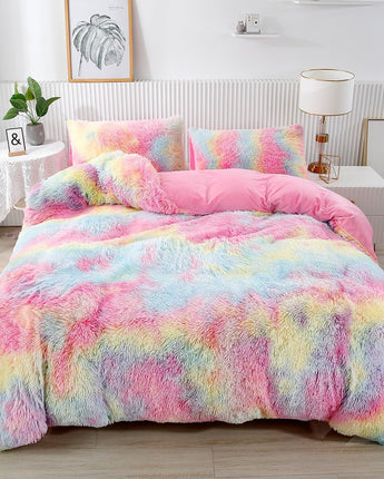 ABJHMKJ Pink Faux Fur Fluffy Comforter Twin 3-Piece Colorful Rainbow Plush Shaggy Bedding Sets for Girls Tie Dye Fuzzy Furry Comforter Set