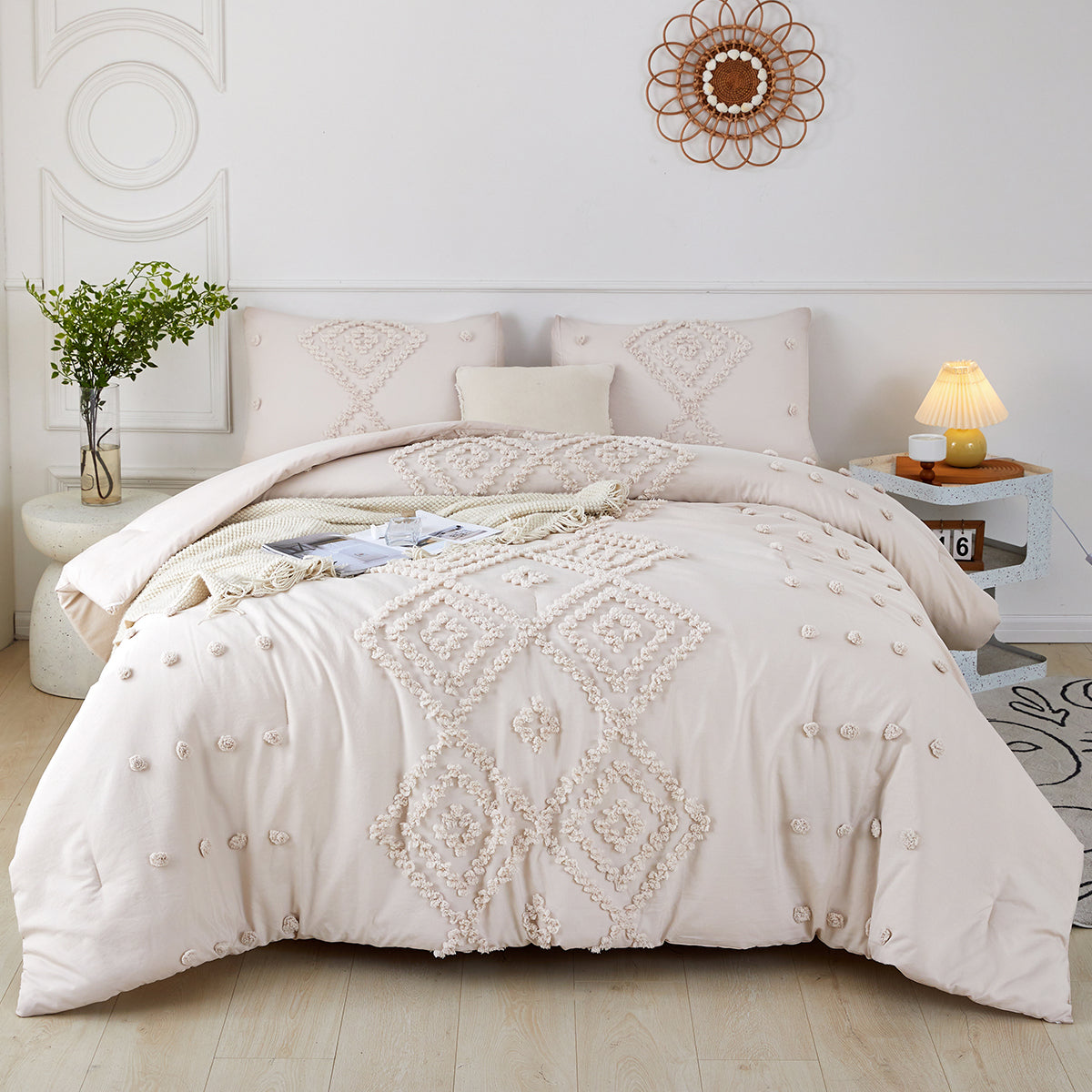 ABJHMKJ Queen/King Comforter Set Boho 3 Pieces Geometric Tufted Comforter Soft Lightweight Beige Grey Fluffy Bedding Sets