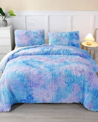 ABJHMKJ Faux Fur Plush Bedding 3 Piece Soft Fluffy Shaggy Girls Comforter Set Colorful Tie Dye Velvet Fuzzy Furry Rainbow Bed Sets