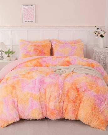 ABJHMKJ Orange Faux Fur Plush Comforter Set Full Size 3 Pieces Colorful Fluffy Tie Dye Girls Bedding Set Ultra Soft Warm Velvet Furry Fuzzy Bed Comforter