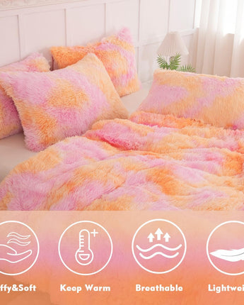 ABJHMKJ Orange Faux Fur Plush Comforter Set Full Size 3 Pieces Colorful Fluffy Tie Dye Girls Bedding Set Ultra Soft Warm Velvet Furry Fuzzy Bed Comforter