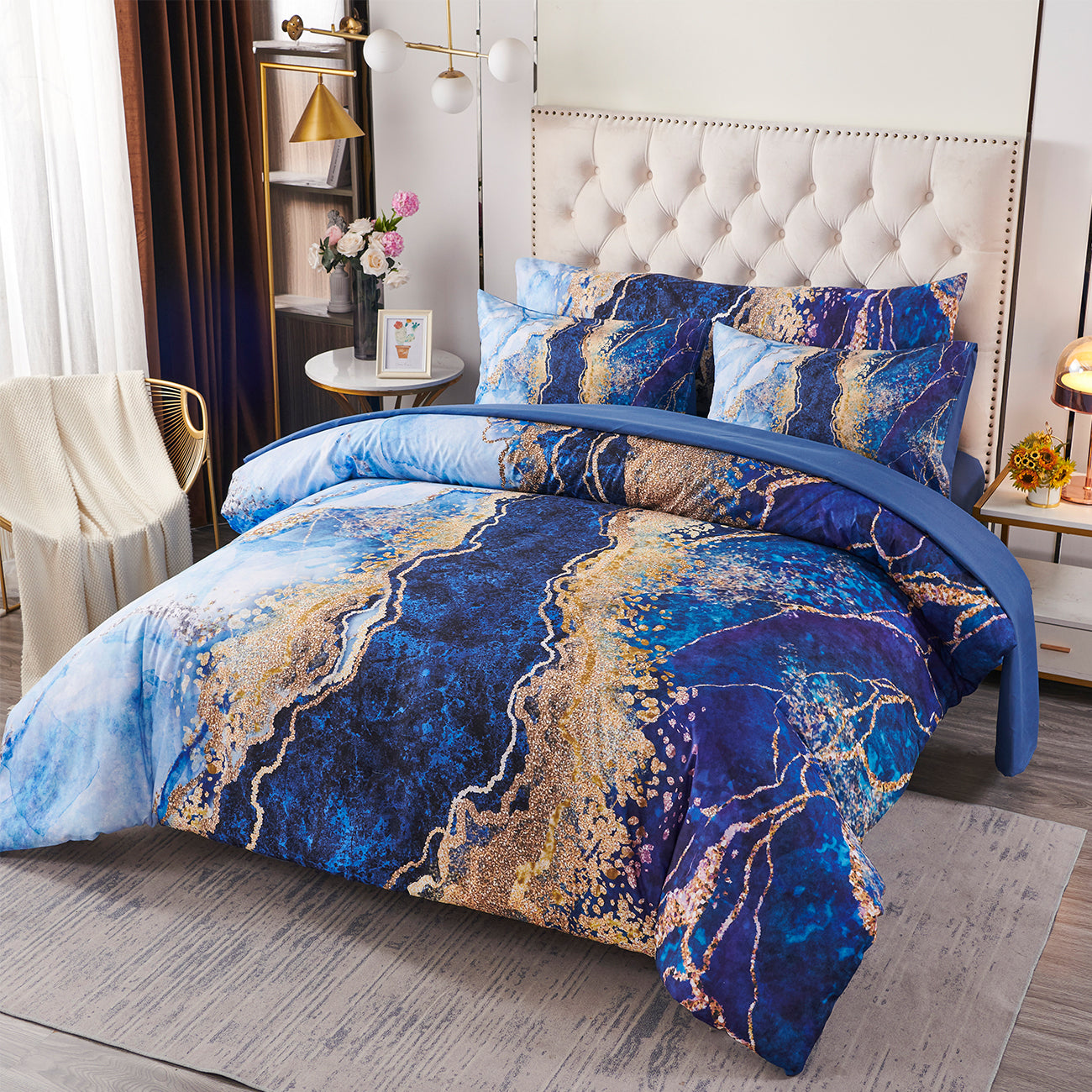 ABJHMKJ Blue Gold Marble Bed in A Bag Comforter Set Queen King Size
