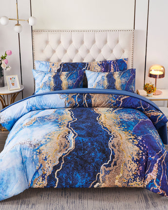 ZXJMHJ Blue Gold Marble Bed in A Bag Comforter Set Queen King Size