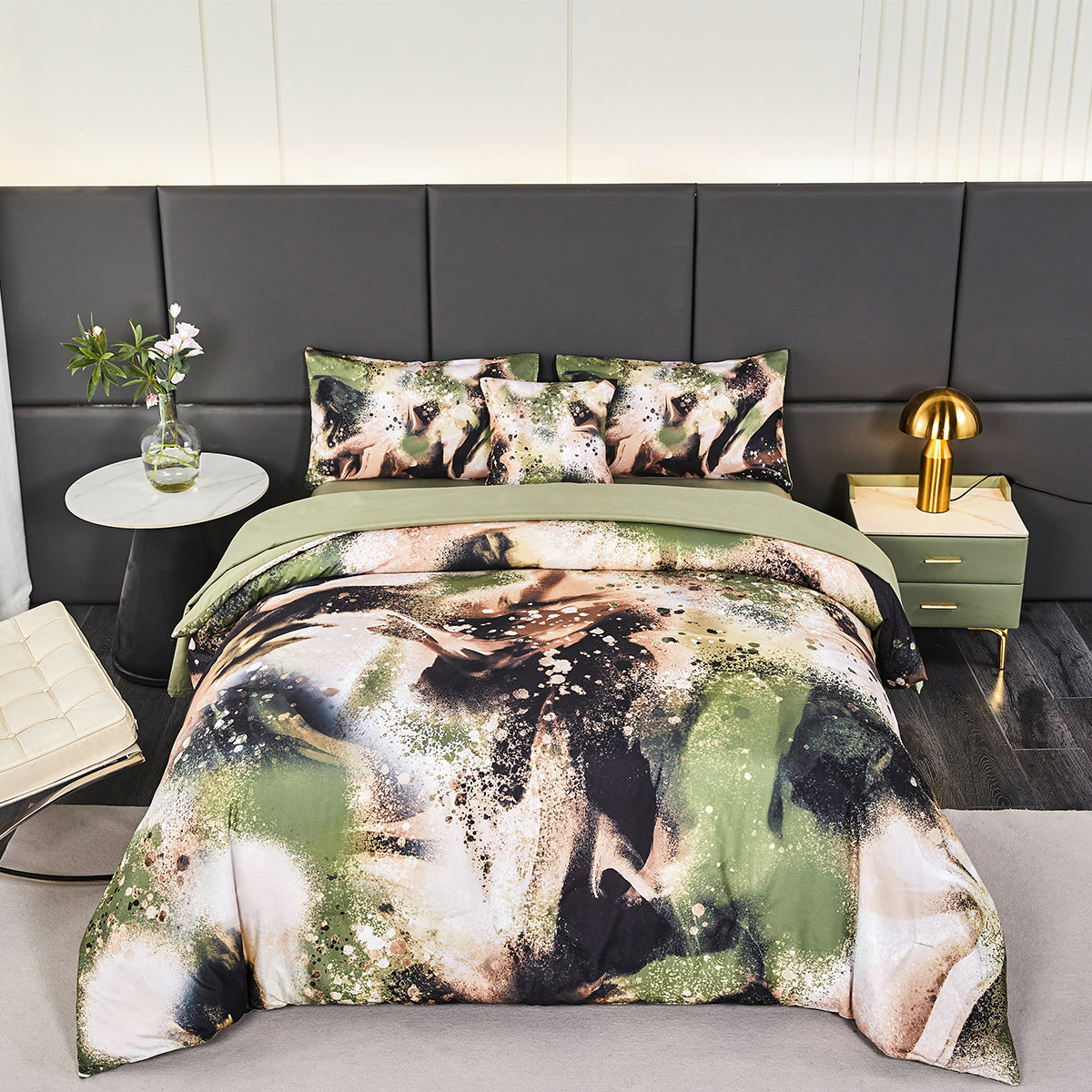 ABJHMKJ 6 Pieces Queen Size Bed in A Bag Green Gold Marble Textured Comforter with Sheet Set for Boys Girls Soft Lightweight Abstract Tie Dyed Bedding Set for All Seasons(Green, Queen)