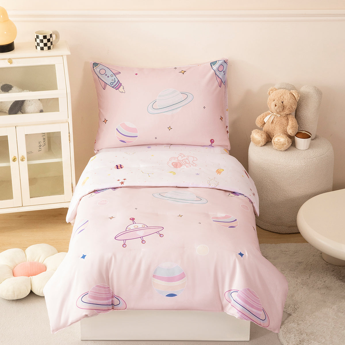 4-Piece Toddler Bedding Set Reversible Space Toddler Bed Set, Including Comforter, Fitted Sheet, Flat Sheet and Pillowcase